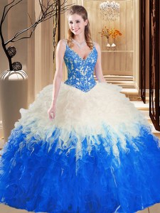 Custom Design Straps Blue And White Sleeveless Tulle Lace Up Sweet 16 Dress for Military Ball and Sweet 16 and Quinceanera