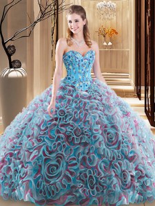 Embroidery and Ruffles 15 Quinceanera Dress Multi-color Lace Up Sleeveless With Brush Train