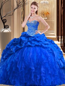 Decent Royal Blue Sleeveless Brush Train Beading and Ruffles Ball Gown Prom Dress