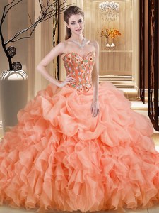 Sleeveless Beading and Embroidery and Ruffles Lace Up Sweet 16 Quinceanera Dress with Orange Brush Train