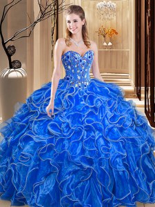 Sleeveless Floor Length Embroidery and Ruffles Lace Up Quinceanera Gown with Royal Blue