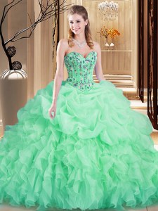 Apple Green Organza Lace Up Sweet 16 Dresses Sleeveless Brush Train Embroidery and Ruffles