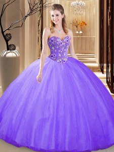 Lavender Tulle Lace Up Quinceanera Dresses Sleeveless Floor Length Embroidery
