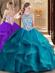 Adorable Scoop Teal Lace Up Sweet 16 Dress Embroidery and Ruffles Sleeveless Brush Train