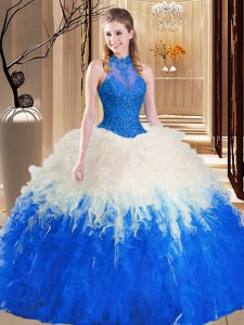 Pretty Blue And White Backless High-neck Lace and Appliques and Ruffles Quinceanera Dress Tulle Sleeveless