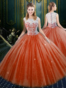 Glorious Sleeveless Floor Length Lace Zipper Quinceanera Gowns with Orange Red