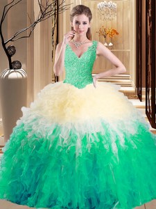 Adorable V-neck Sleeveless Vestidos de Quinceanera Floor Length Lace and Appliques and Ruffles Multi-color Tulle