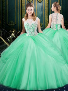 Most Popular Scoop Sleeveless Ball Gown Prom Dress Floor Length Lace and Pick Ups Apple Green Tulle