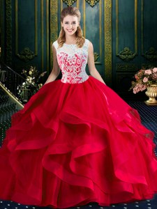 Square Lace and Ruffles Quinceanera Gown Red Zipper Sleeveless With Brush Train