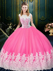 Admirable Scoop Floor Length Zipper 15th Birthday Dress Rose Pink for Military Ball and Sweet 16 and Quinceanera with Lace and Appliques