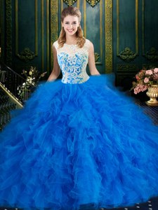 Custom Made Scoop Sleeveless Tulle Quinceanera Gowns Lace and Ruffles Zipper