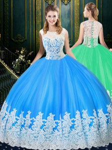 Charming Baby Blue Quinceanera Dress Military Ball and Sweet 16 and Quinceanera and For with Lace and Appliques Scoop Sleeveless Zipper