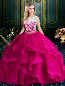 Popular Scoop Fuchsia Two Pieces Lace and Ruffles Quinceanera Dress Lace Up Tulle Sleeveless With Train