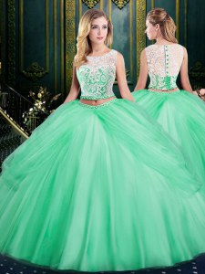 Modern Scoop Apple Green Sleeveless Lace and Pick Ups Floor Length Quince Ball Gowns