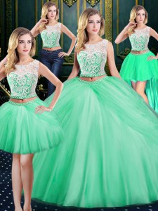 New Style Four Piece Scoop Sleeveless Tulle Quinceanera Dresses Lace and Pick Ups Zipper