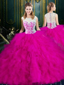 Fuchsia Ball Gowns Tulle Scoop Sleeveless Lace and Ruffles Floor Length Zipper Sweet 16 Quinceanera Dress