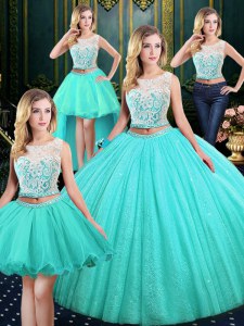 Trendy Four Piece Scoop Floor Length Blue Sweet 16 Quinceanera Dress Tulle and Sequined Sleeveless Lace and Sequins