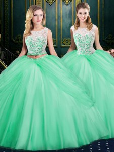Inexpensive Tulle Scoop Sleeveless Zipper Lace and Pick Ups Sweet 16 Dress in Apple Green
