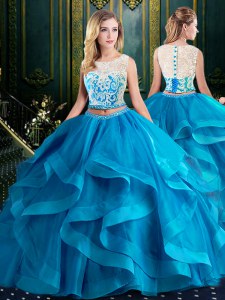 Eye-catching Scoop Baby Blue Sleeveless Tulle Brush Train Zipper Quince Ball Gowns for Military Ball and Sweet 16 and Quinceanera