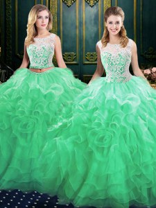 Green Ball Gowns Organza Scoop Sleeveless Lace and Ruffles Lace Up Sweet 16 Quinceanera Dress Court Train