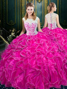 Clearance Scoop Fuchsia Zipper Sweet 16 Dress Lace and Ruffles Sleeveless Floor Length