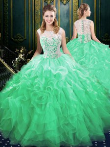Fashion Scoop Sleeveless Brush Train Zipper Quinceanera Gowns Green Organza and Tulle