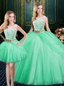 Three Piece Apple Green Satin and Tulle Lace Up Scoop Sleeveless Floor Length Quinceanera Gowns Lace and Pick Ups