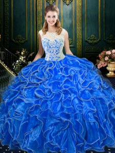 Deluxe Scoop Floor Length Zipper Quinceanera Gowns Royal Blue for Military Ball and Sweet 16 and Quinceanera with Lace and Ruffles
