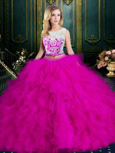 High Quality Fuchsia 15th Birthday Dress Military Ball and Sweet 16 and Quinceanera and For with Lace and Ruffles Scoop Sleeveless Zipper