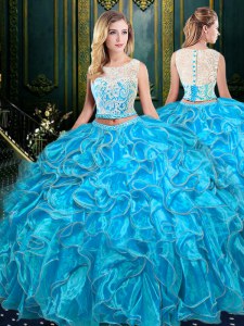 Baby Blue Two Pieces Organza Scoop Sleeveless Lace and Ruffles Floor Length Zipper 15 Quinceanera Dress