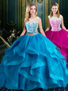 Tulle Scoop Sleeveless Brush Train Zipper Lace and Ruffles Quinceanera Gowns in Baby Blue