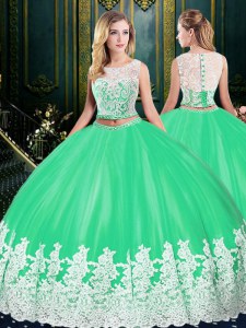 Scoop Floor Length Apple Green Quinceanera Dress Tulle Sleeveless Lace and Appliques