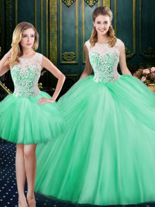 Three Piece Apple Green Lace Up Scoop Lace and Pick Ups 15 Quinceanera Dress Tulle Sleeveless