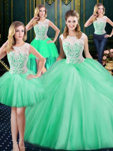 Traditional Four Piece Scoop Tulle Sleeveless Floor Length Quince Ball Gowns and Lace and Pick Ups
