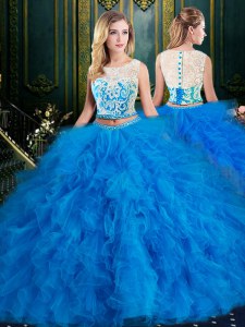 Lovely Scoop Sleeveless Floor Length Lace and Ruffles Zipper Quinceanera Gown with Blue