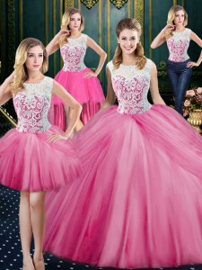 Four Piece Rose Pink Ball Gowns Scoop Sleeveless Tulle Floor Length Zipper Lace and Appliques and Pick Ups Ball Gown Prom Dress