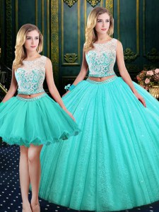 Unique Three Piece Sequins Ball Gowns 15th Birthday Dress Blue Scoop Tulle and Sequined Sleeveless Floor Length Lace Up