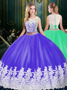 Scoop Sleeveless 15 Quinceanera Dress Floor Length Lace and Appliques Purple Tulle
