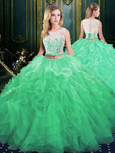 Trendy Scoop Sleeveless Court Train Lace and Appliques and Ruffles Zipper Quinceanera Dress