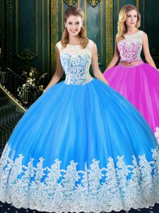 Super Scoop Sleeveless Ball Gown Prom Dress Floor Length Lace and Appliques Baby Blue Tulle