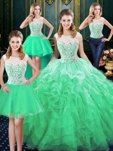 Four Piece Scoop Green Sleeveless Floor Length Lace and Ruffles Zipper Ball Gown Prom Dress