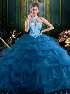Halter Top Navy Blue Lace Up Quinceanera Dresses Beading and Pick Ups Sleeveless Floor Length