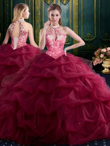 Halter Top Sleeveless Tulle Sweet 16 Quinceanera Dress Beading and Ruffles and Pick Ups Lace Up