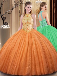 High End Orange Ball Gowns High-neck Sleeveless Tulle Floor Length Backless Embroidery and Hand Made Flower Quinceanera Gown