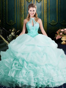 Suitable Organza Halter Top Sleeveless Brush Train Clasp Handle Beading and Lace and Ruffles Quinceanera Gowns in Apple Green
