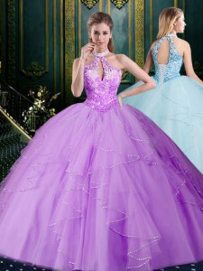 Glittering Lavender Halter Top Lace Up Beading and Lace and Ruffles Quinceanera Dresses Sleeveless