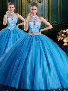 Baby Blue Lace Up High-neck Beading and Appliques Ball Gown Prom Dress Tulle Sleeveless