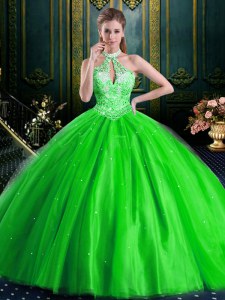 High End Halter Top Floor Length Lace Up Ball Gown Prom Dress for Military Ball and Sweet 16 and Quinceanera with Beading