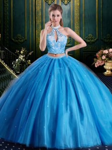 Halter Top Baby Blue Tulle Lace Up High-neck Sleeveless Floor Length Quinceanera Gowns Beading and Lace and Appliques