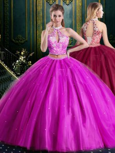Modest Halter Top Sleeveless Lace Up Floor Length Beading and Lace and Appliques Sweet 16 Quinceanera Dress